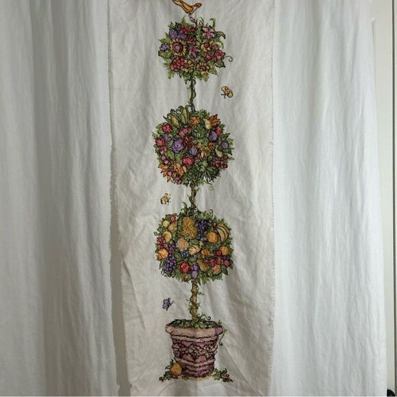 14” X 37 “ Topiary Flowers & Fruits Crossstitched Unframed - Picture 8 of 10